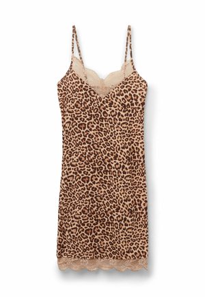 Leopard print camisole with adjustable straps, lace trim at the neckline and hem, made from lightweight fabric in shades of brown and beige.