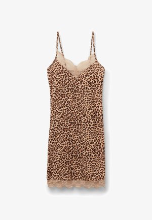 Camisola con stampa animalier leopardata, con spalline regolabili, rifinita in pizzo all'ampiezza del collo e all'orlo, realizzata in tessuto leggero nelle tonalità di marrone e beige.