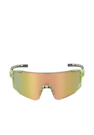 Sport-Sonnenbrille mit umlaufenden Rahmen in translucentem Grün und großen, reflektierenden orangefarbenen Gläsern, mit einer Einkerbung am Nasensteg.