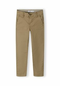 Chinos color caqui hechos de algodón con una textura suave, que cuentan con cierre de cremallera, botón y bolsillos delanteros. Diseño sencillo con piernas rectas.