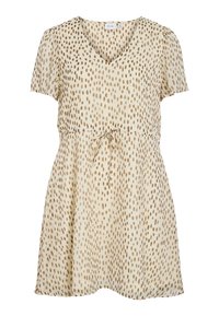 Robe courte crème avec motif de points irréguliers marron, manches courtes, col en V et nœud à la taille.