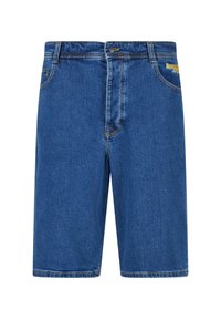 Dunkelblaue Jeansshorts mit geradem Schnitt. Die Merkmale umfassen fünf Taschen, einen Knopfverschluss und gelbe Logostickerei am Bund.