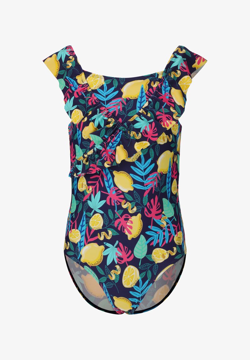 Maillot de bain une pièce avec un fond marine, présentant des motifs colorés de citrons et de feuilles, des bretelles à volants et un design texturé.
