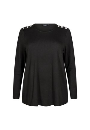 Črn dolgi rokav majica iz mehkega materiala s krožnim izrezom in dekorativnimi okraski na ramenih. Gladka tekstura, sproščen kroj.