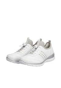 Scarpe da ginnastica bianche con una tomaia in pelle liscia, accenti grigio chiaro, un motivo laterale in rete e una suola in gomma flessibile. Presentano lacci elastici.