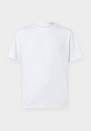 Witte katoenen T-shirt, korte mouwen, V-halsontwerp, gladde textuur, rechte zoom, zonder patronen of versieringen.