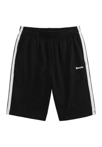 Black shorts made of soft fabric with an elastic waistband, featuring white side stripes and a small white logo on the left side.