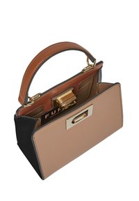 Structured handbag featuring a mix of beige, black, and brown leather. Gold hardware accents and a top handle, with an open interior.