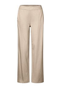 Pantaloni beige a gamba larga con vita elasticizzata, caratterizzati da una texture liscia e sottili cuciture verticali per un tocco di dettaglio.