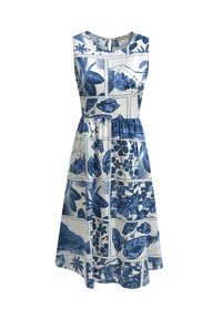 Ärmelloses Kleid mit einem taillierten Oberteil und geraffter Taille. Verziert mit einem blauen Blumenmuster auf weißem Hintergrund. Glatte Stofftextur.