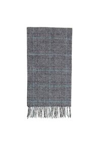 Bufanda a cuadros gris y azul con bordes desflecados, textura tejida y forma rectangular para brindar calidez y versatilidad.