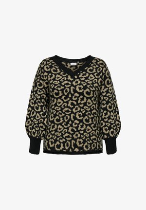 Juodas ir smėlinis leopardų rašto megztinis su V formos iškirpte, pūstomis ilgomis rankovėmis, banguotais rankogaliais ir apatine dalimi bei laisvos formos dizainu.