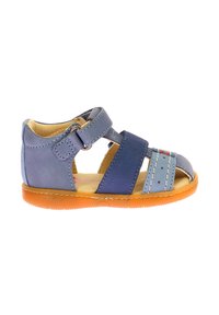 Sandal in pelle blu con design aperto, caratterizzato da molteplici cinghie, suola in gomma arancione e dettagli di cucitura. Chiusura con fibbia regolabile.