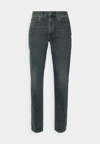 Jeans de mezclilla de lavado oscuro con un diseño de pierna recta, que presentan una cintura de altura media, un estilo de cinco bolsillos y sutiles acentos de costura.