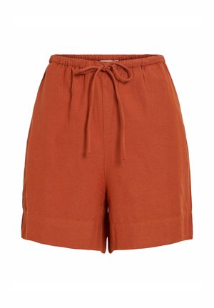 Rozsdaszínű, casual rövidnadrág rugalmas derékrésszel és elöl megkötővel, széles lábnyílásokkal és finom varrási részletekkel.