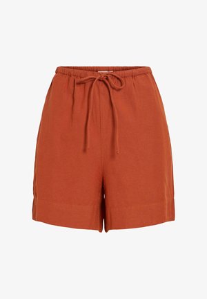 Rozsdaszínű, casual rövidnadrág rugalmas derékrésszel és elöl megkötővel, széles lábnyílásokkal és finom varrási részletekkel.