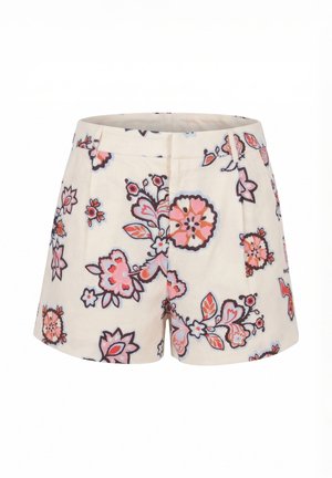 Shorts pour femmes de couleur crème avec des motifs floraux roses et orange, poches latérales, fermeture éclair avant et passants pour ceinture.