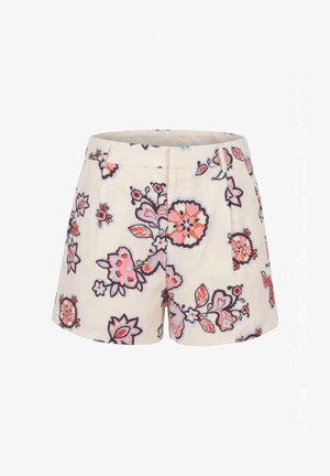 Shorts pour femmes de couleur crème avec des motifs floraux roses et orange, poches latérales, fermeture éclair avant et passants pour ceinture.