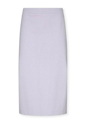 Gonna dritta color lilla chiaro, lunghezza al ginocchio, con una cintura pulita e senza motivi o decorazioni visibili.