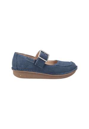 Blue leather Mary Jane shoe with a round toe, adjustable buckle strap, and contrasting brown outsole. Textured surface and stitched accents.