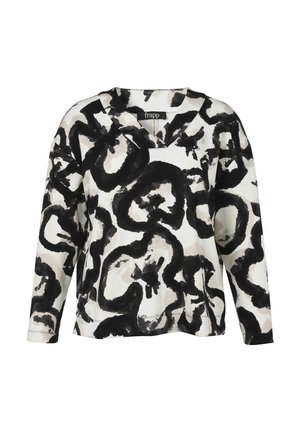 Langärmelige weiße Bluse mit abstrakten schwarzen und grauen Blumenmustern im Aquarellstil und V-Ausschnitt.