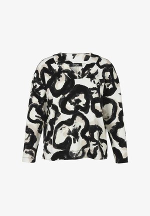 Langärmelige weiße Bluse mit abstrakten schwarzen und grauen Blumenmustern im Aquarellstil und V-Ausschnitt.