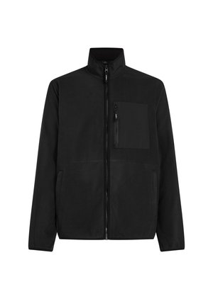 Zwarte fleecjacket met hoge kraag, volledige rits aan de voorkant en twee zijzakken. Voorzien van een ritszak op de borst en een soepele textuur.