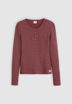 Maglia henley a maniche lunghe bordeaux con un motivo testurizzato, abbottonatura sul davanti a cinque bottoni e scollatura rotonda. Presenta un piccolo etichetta del marchio.