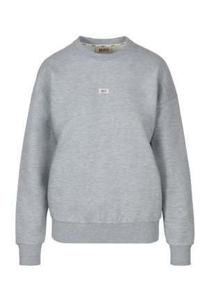 Jasnoszara bluza z okrągłym dekoltem, z prążkowanymi mankietami i dołem, małe logo "BIZUU" na środku klatki piersiowej i na wewnętrznej stronie kołnierza.