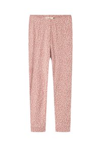 Lyserøde leggings med et diskret leopardmønster, der har en elastisk talje og ingen lommer, præsenteret mod en ensfarvet baggrund.