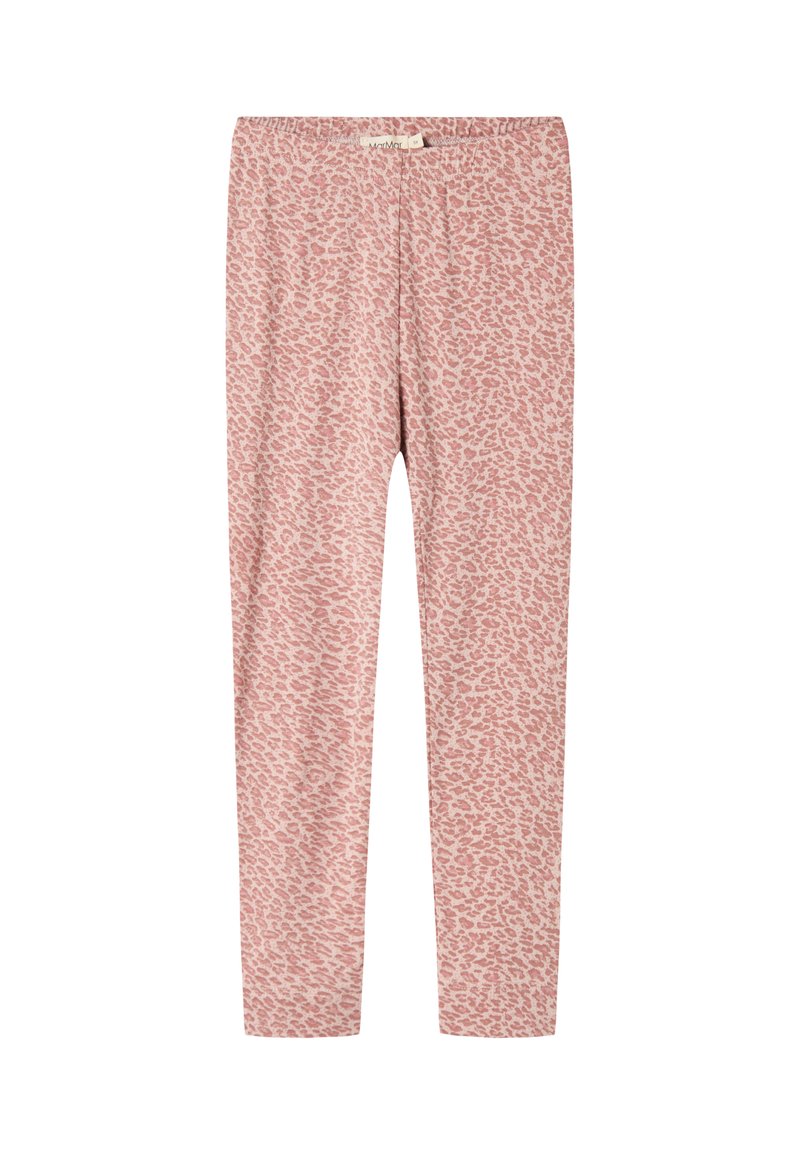 Lyserøde leggings med et diskret leopardmønster, der har en elastisk talje og ingen lommer, præsenteret mod en ensfarvet baggrund.