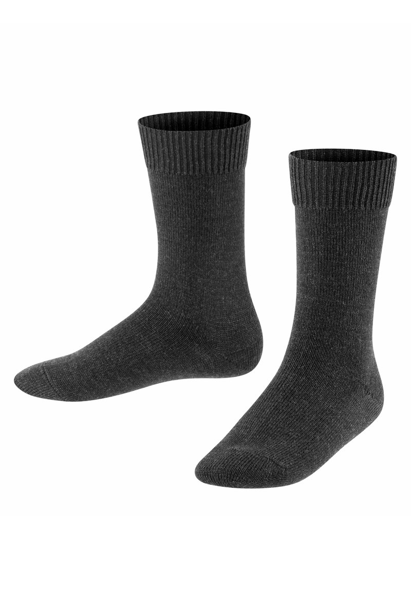 Dunkelgraue Socken mit gerippten Bündchen, glatter Textur und klassischer Form. Leichter Stoff, der für Komfort und Haltbarkeit entwickelt wurde.