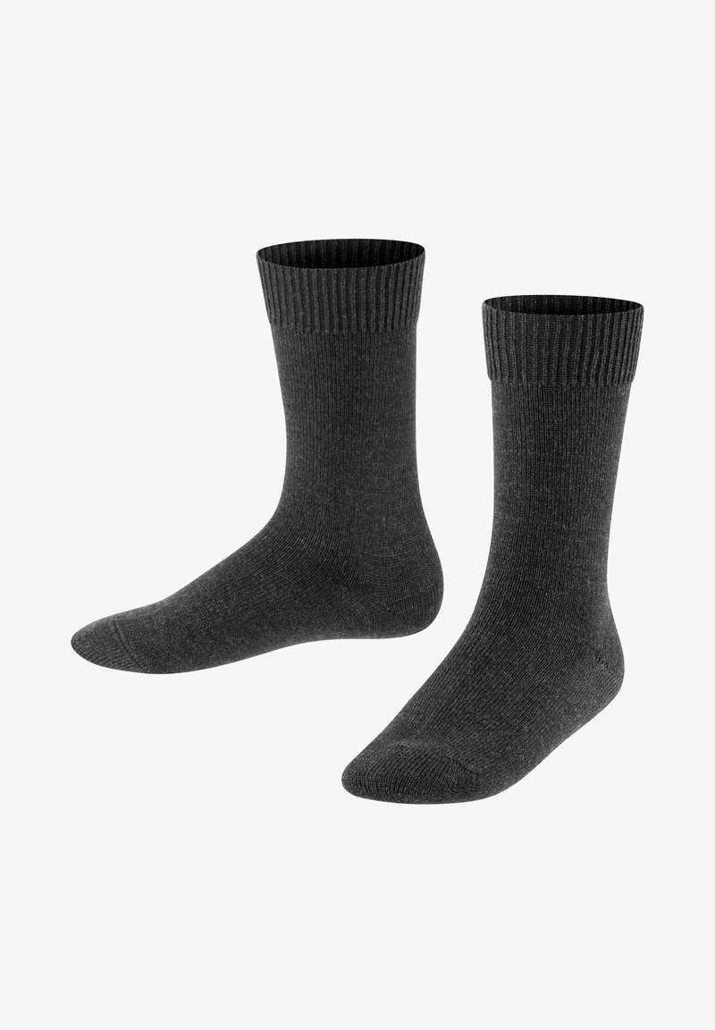 Dunkelgraue Socken mit gerippten Bündchen, glatter Textur und klassischer Form. Leichter Stoff, der für Komfort und Haltbarkeit entwickelt wurde.