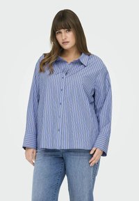 Blauw-wit gestreepte overhemden met kraag, lange mouwen en een boxy fit. De stof lijkt soepel met een subtiele glans.