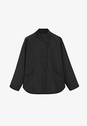 Schwarze, langärmlige Jacke mit Stehkragen, vorne mit Knöpfen und zwei Seitentaschen, aus glattem, leichtem Material gefertigt.