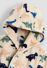 Weicher Fleece-Rob mit Dinosaurierdruck in Beige, mit blauen, grünen und schwarzen Dinosauriermustern sowie einer Kapuze und einem Verschluss vorne.