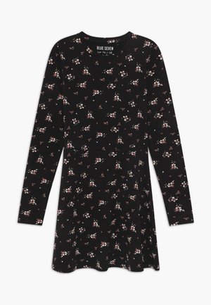 Czarna sukienka z długim rękawem w drobny różowo-biały kwiatowy wzór, z okrągłym dekoltem i rozkloszowanym dołem, rozmiar 152 / 12 lat.