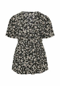 Camicetta nera a fiori con margherite bianche e dettagli marroni, maniche corte, vita cintrata con un nastro, tessuto leggero e vestibilità comoda.