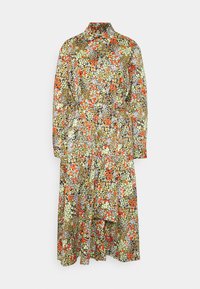 Robe fleurie avec un motif vert, orange et noir, manches longues, col, taille cintrée et jupe fluide.