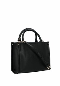 Zwarte leren handtas met twee bovenhandvatten, verstelbare schouderriem, rechthoekige vorm, gestructureerde buitenkant en goudkleurige sierbeslag.