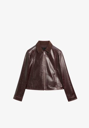 Bordeauxrotes Lederjacke mit einem Wildlederkragen, Frontreißverschluss und langen Ärmeln. Verfügt über ein schlankes Design und sichtbare Nähte als Akzente.