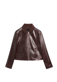 Bordeauxrotes Lederjacke mit einem Wildlederkragen, Frontreißverschluss und langen Ärmeln. Verfügt über ein schlankes Design und sichtbare Nähte als Akzente.