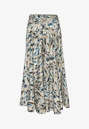 Slenka midi sijonas iš lengvos medžiagos, turintis abstraktų raštą smėlio, mėlynos ir rudos spalvų atspalviuose. Garlėjanti juosmens detalė.