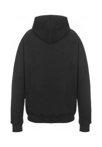 Černá mikina s kapucí, která má jednu velkou kapuci, žebrované manžety a lem. Má hladkou texturu a na zadní straně nejsou viditelné žádné loga ani vzory.