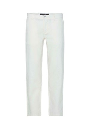 Bijele ravne hlače s kopčanjem na gumbe i patentni zatvarač, s petljama za remen i prednjim džepovima, prikazane na čistoj bijeloj pozadini.