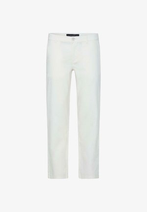 Bijele ravne hlače s kopčanjem na gumbe i patentni zatvarač, s petljama za remen i prednjim džepovima, prikazane na čistoj bijeloj pozadini.