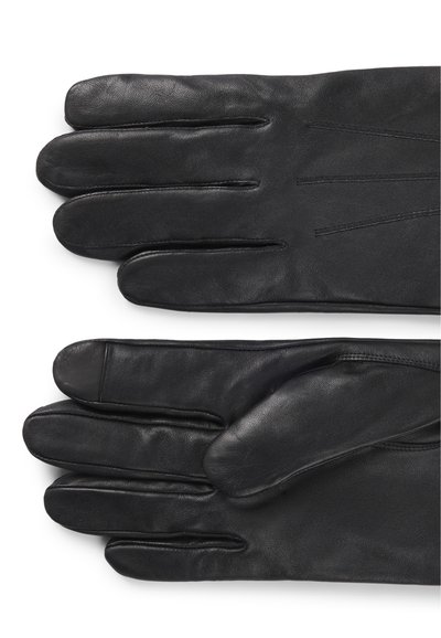 Gants en cuir noir à cinq doigts, présentant une texture lisse et des coutures subtiles sur le dos. Conçus pour la chaleur et le confort.