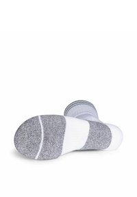 Witte sok met grijze accenten, met een gestructureerde zool in drie secties: grijs, wit en grijs. Enkelhoogte met ribbelrand.