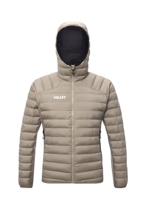 Gray padded jacket with a high collar and hood. Features a front zipper and side pockets. Logo displayed on the chest. Smooth texture.
