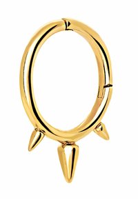 Pendiente de aro dorado con una superficie lisa y brillante; presenta tres acentos puntiagudos distribuidos de manera uniforme a lo largo del borde inferior. Forma circular.